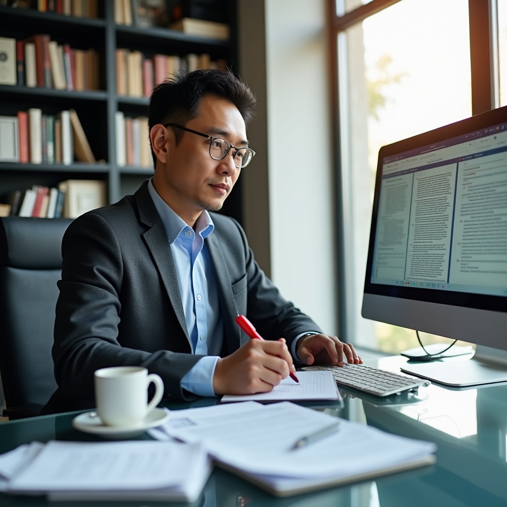 An academic professional reviewing multiple browser tabs with source documents, annotating a printed article, in a well-lit modern office with bookshelves