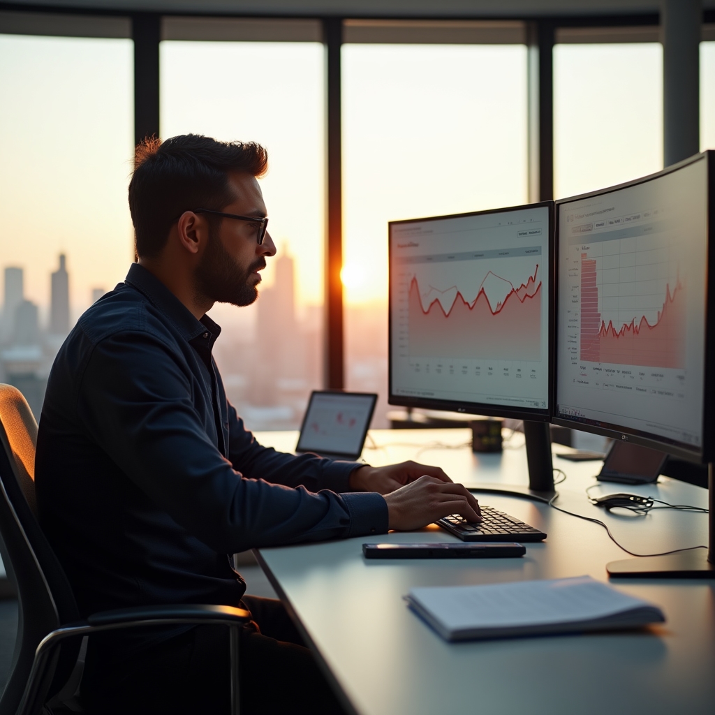 A researcher analyzing a traffic decay curve on a large monitor showing GA4 data with declining trend lines